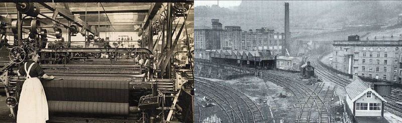 Weavers at textile mills in 1850 and Halifax train station, UK in 1850